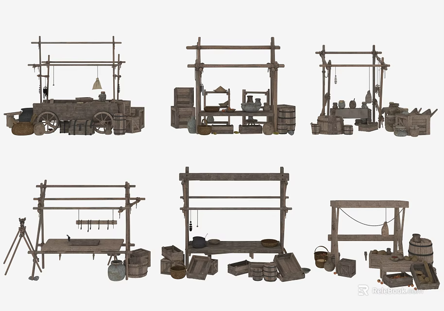 Ancient Workshop Wooden Racks With Traditional Tools Barrels And Workbenches 3d model