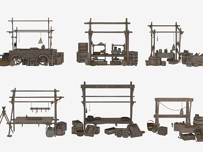 Ancient Workshop Wooden Racks With Traditional Tools Barrels And Workbenches 3d model