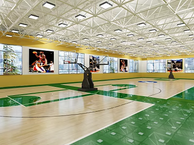 Basketball Court Interior Design Featuring Wooden Flooring Green Accents Ceiling Lights And Wall Murals 3d model