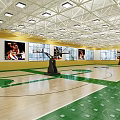 Basketball Court Interior Design Featuring Wooden Flooring Green Accents Ceiling Lights And Wall Murals