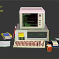 Vintage Computer Office Setup With Monitor Keyboard Printer Books And Accessories
