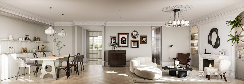 Modern Living Dining Room Interior With White Sofa Dark Cabinet Decorative Paintings And Wooden Flooring 3d model 