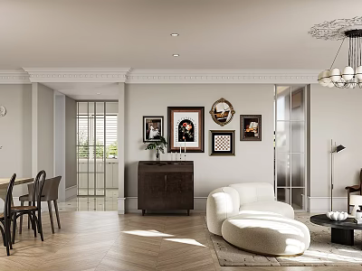 Modern Living Dining Room Interior With White Sofa Dark Cabinet Decorative Paintings And Wooden Flooring 3d model
