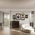 Modern Living Dining Room Interior With White Sofa Dark Cabinet Decorative Paintings And Wooden Flooring