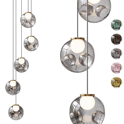 Modern Glass Chandeliers with Spherical Transparent Shades and Multiple Color Options and Gold Metal Accents 3d model