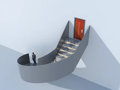 Modern Gray Spiral Staircase With Step Lighting Red Door at Top and Person Standing 3d model