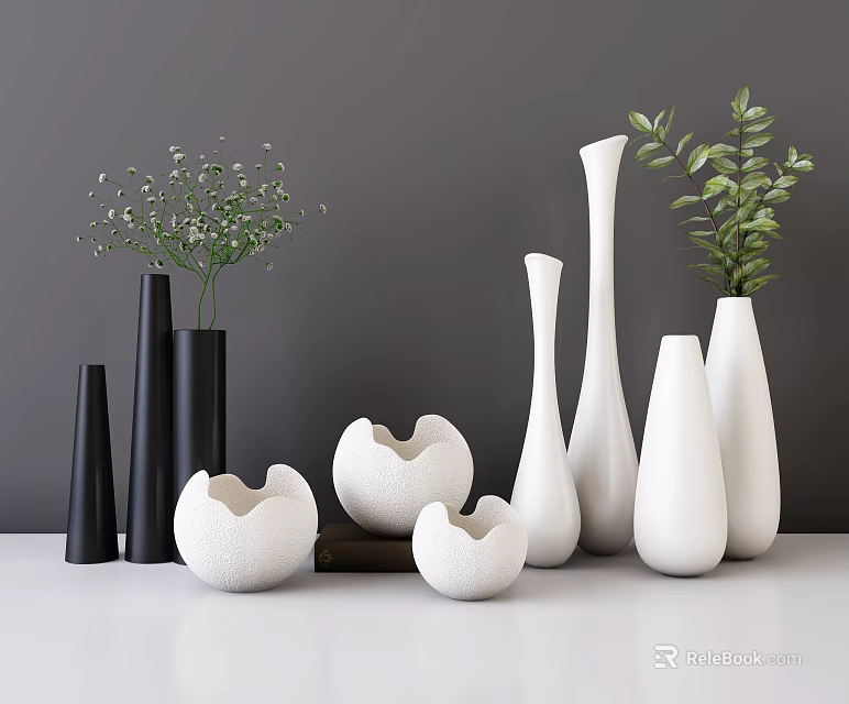 Black and white vases with various shapes green plants and white flowers for home decor 3d model 