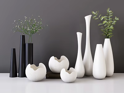 Black and white vases with various shapes green plants and white flowers for home decor 3d model