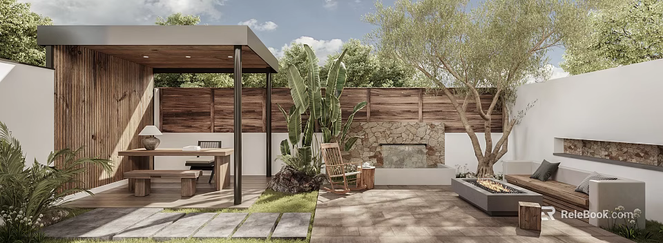 Modern Garden Landscape Featuring Wooden Fence Pavilion Large Green Plants Stone Fireplace And Stone Path 3d model 