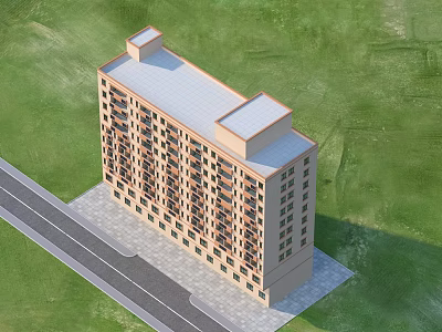 Multi Story Residential Building with Windows Balconies Near Green Grass Road Light Exterior Flat Roof 3d model