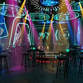 Modern Bar Interior With Neon Lights Bar Counter Tables Chairs And Futuristic Decor