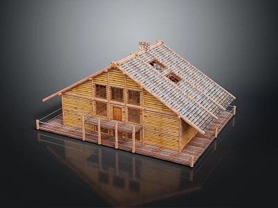 Wooden Log Cabin Building With Log Structure Solar Panel Roof And Front Porch With Railings 3d model