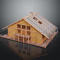 Wooden Log Cabin Building With Log Structure Solar Panel Roof And Front Porch With Railings