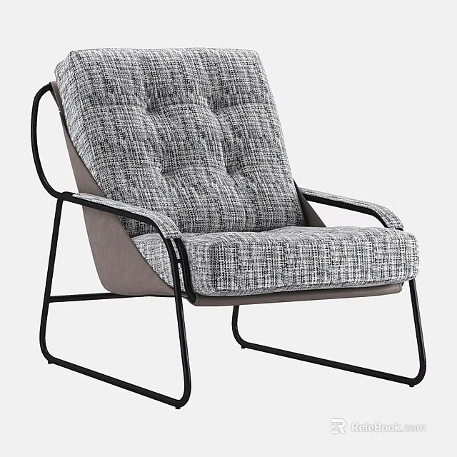 Modern Single Sofa Featuring Tufted Textured Gray Fabric And Black Metal Frame Design 3d model