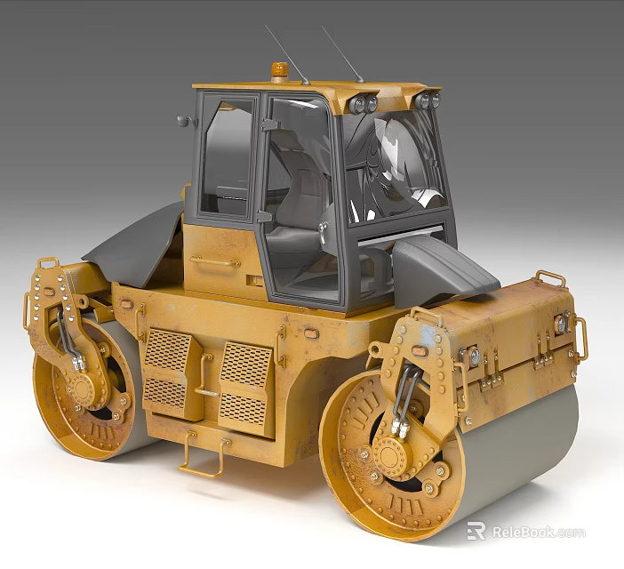 Yellow Heavy Double Drum Road Roller With Cabin Construction Vehicle 3d model