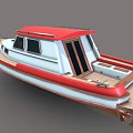 Red And White Wooden Boat With Wooden Deck Cabin Windows And Metal Railings