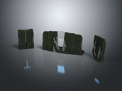 Three Dark Wooden Furniture Pieces With White Panels In Different Shapes On Smooth Gray Floor 3d model