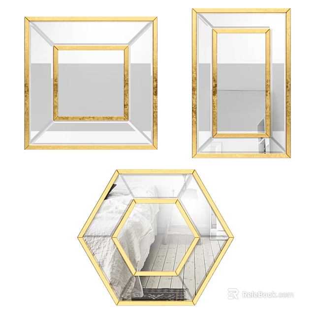 Decorative Gold Frame Mirrors With Square And Hexagonal Shapes For Home Decor 3d model 