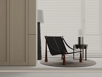 Black Leather Leisure Chair with Wooden Legs Side Table Lamp Window Blinds on Round Rug 3d model