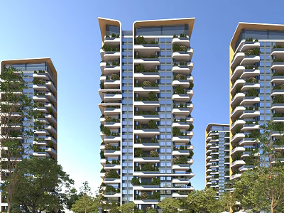 Modern High Rise Residential Buildings With Green Plants on Balconies and Trees Around 3d model