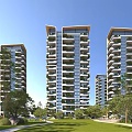 Modern High Rise Residential Buildings With Green Plants on Balconies and Trees Around