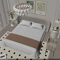 Modern Double Bed in Stylish Bedroom with Beige Headboard Chandelier Nightstand and Accent Chair