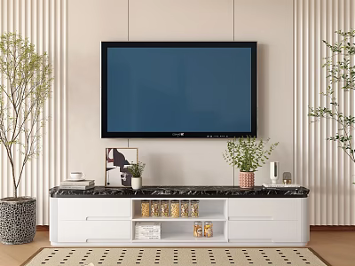 White Modern TV Stand with Marble Top and Decorative Plants in Living Room 3d model