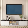 White Modern TV Stand with Marble Top and Decorative Plants in Living Room