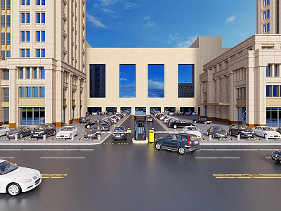 Outdoor Parking Lot Between High Rise Buildings With Many Parked Cars And Entry Gate 3d model
