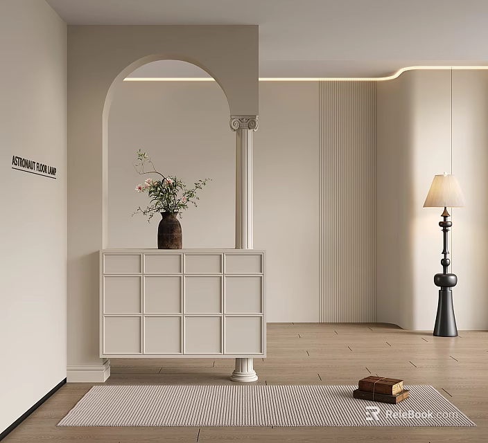 Modern Interior Partition Featuring Arch Design Cabinet Vase And Floor Lamp 3d model