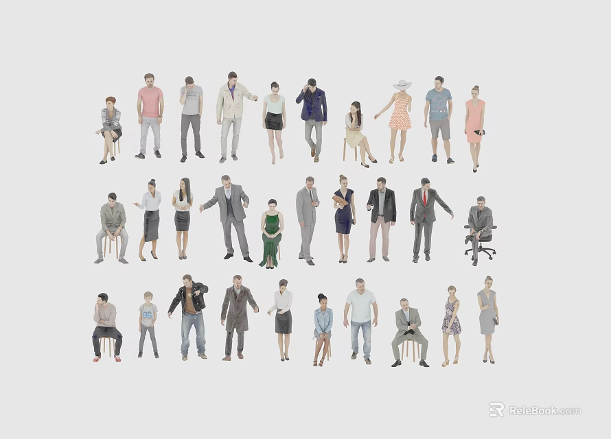 Diverse Group of People in Various Poses and Different Clothing Styles 3d model 