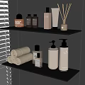 Organized Bathroom Shelves With Daily Cleansing Products Towels And Fragrance Sticks