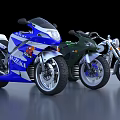 Three Different Motorcycles in Blue White Green and Silver with Classic and Sporty Designs