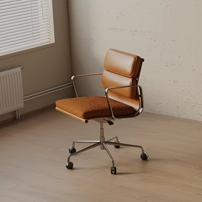 Modern Brown Leather Office Chair With Metal Frame And Rolling Wheels 3d model