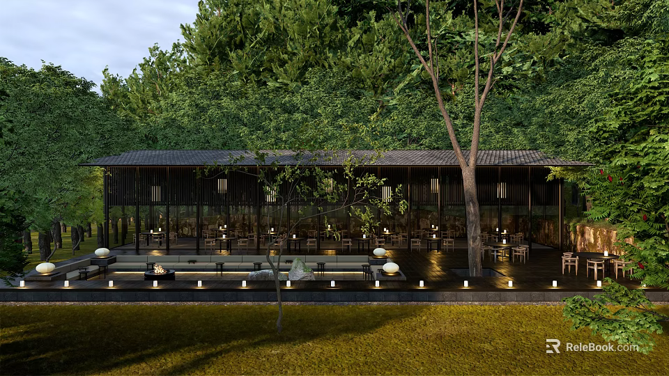 Tranquil Courtyard Garden With Lush Trees Open Seating And Warm Lighting 3d model 