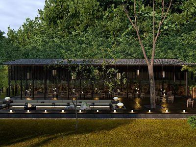 Tranquil Courtyard Garden With Lush Trees Open Seating And Warm Lighting 3d model