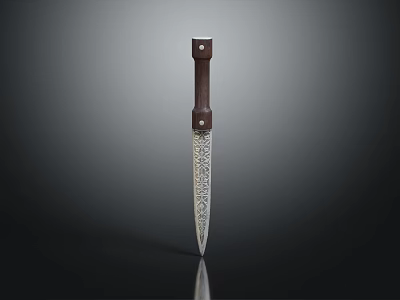 Elegant Handmade Weapon Knife With Dark Brown Wooden Handle And Intricate Patterned Blade 3d model
