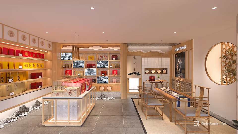 Chinese Style Specialty Store With Display Counters Shelves Products Traditional Decorations Wooden Tables And Chairs 3d model 