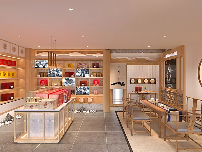 Chinese Style Specialty Store With Display Counters Shelves Products Traditional Decorations Wooden Tables And Chairs 3d model