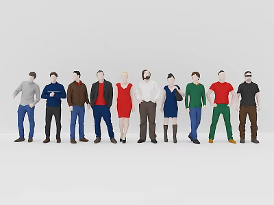 Group of Diverse People Standing in a Row with Different Poses and Outfits 3d model
