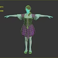 Red Haired Woman Wearing Purple Black Dress with Turquoise Sleeves and Black Corset