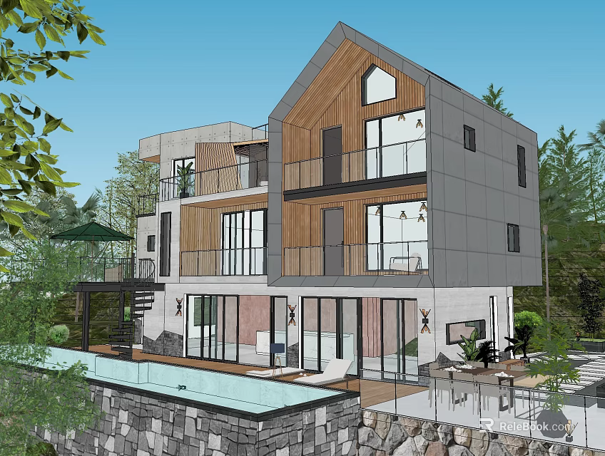 Modern Guesthouse Building Featuring Wooden Gray Exterior Large Windows Balconies and Swimming Pool with Greenery 3d model 