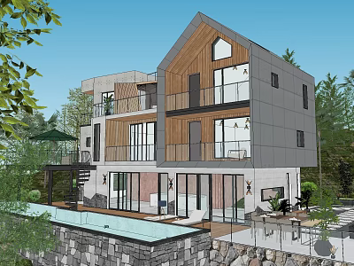 Modern Guesthouse Building Featuring Wooden Gray Exterior Large Windows Balconies and Swimming Pool with Greenery 3d model