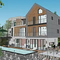 Modern Guesthouse Building Featuring Wooden Gray Exterior Large Windows Balconies and Swimming Pool with Greenery