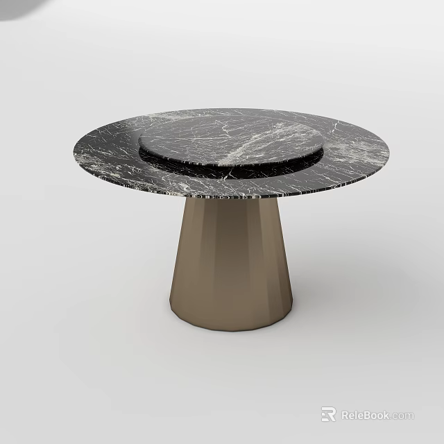 Round Black Marble Dining Table With White Veining And Brown Conical Base 3d model