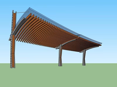 Modern Wooden Pergola With Sloped Roof And Support Columns In Outdoor Space 3d model