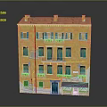 Cartoon Scene Featuring Yellow Building With Red Roof Green Doors And Balconies