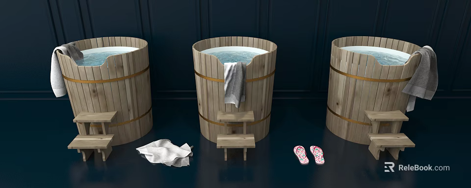 Traditional Wooden Bathtubs With Towel Stool Slippers And Cloth In Bathroom 3d model 
