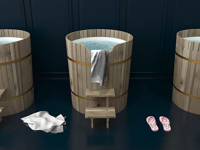 Traditional Wooden Bathtubs With Towel Stool Slippers And Cloth In Bathroom 3d model