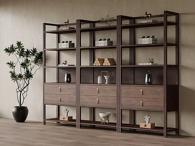 Wooden Display Shelf With Multiple Layers And Decorative Items In Minimalist Room 3d model